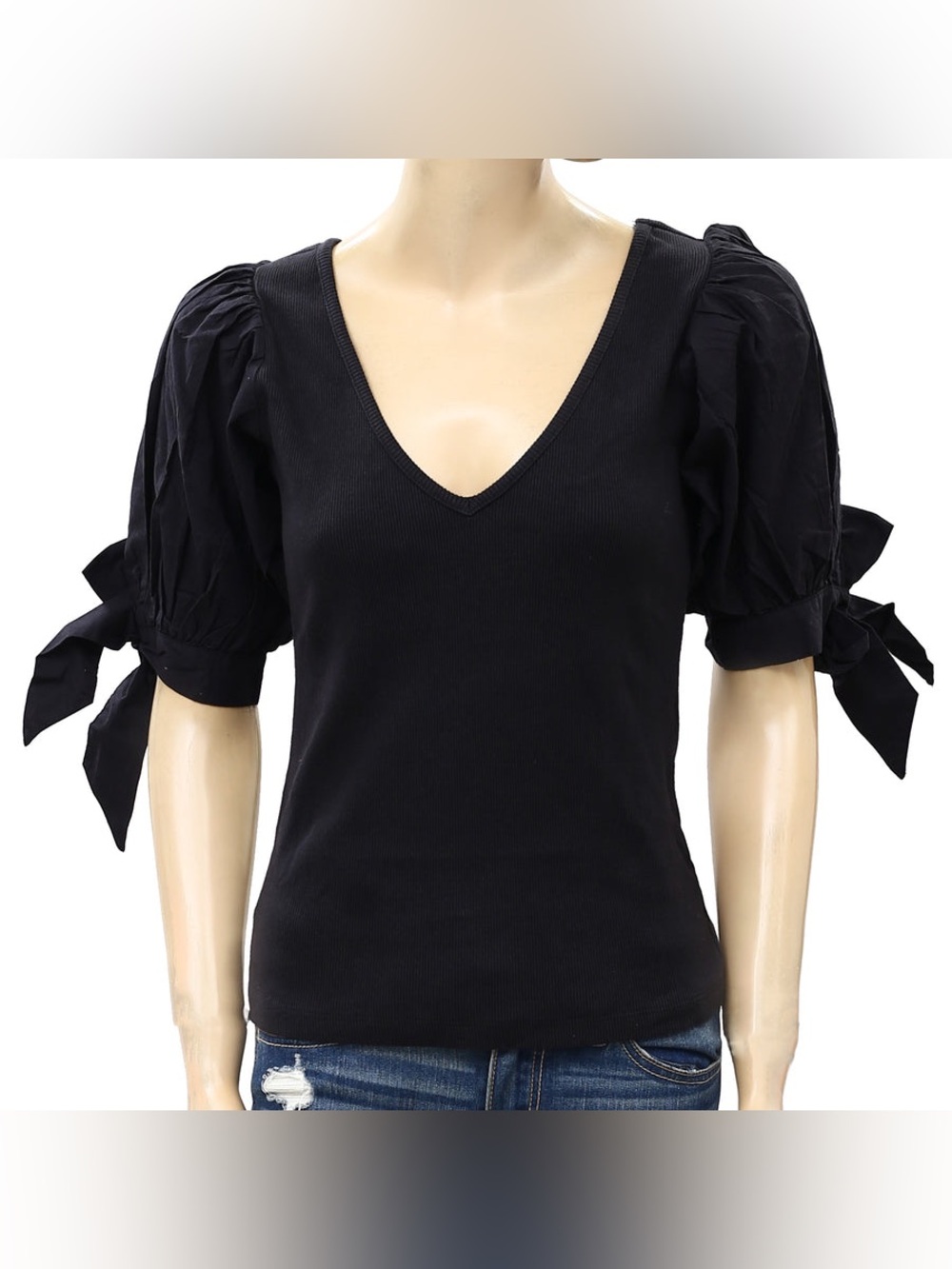 Maeve Anthropologie Women Black Puff Bow Tie Sleeve Top S Dark Academia Coquette